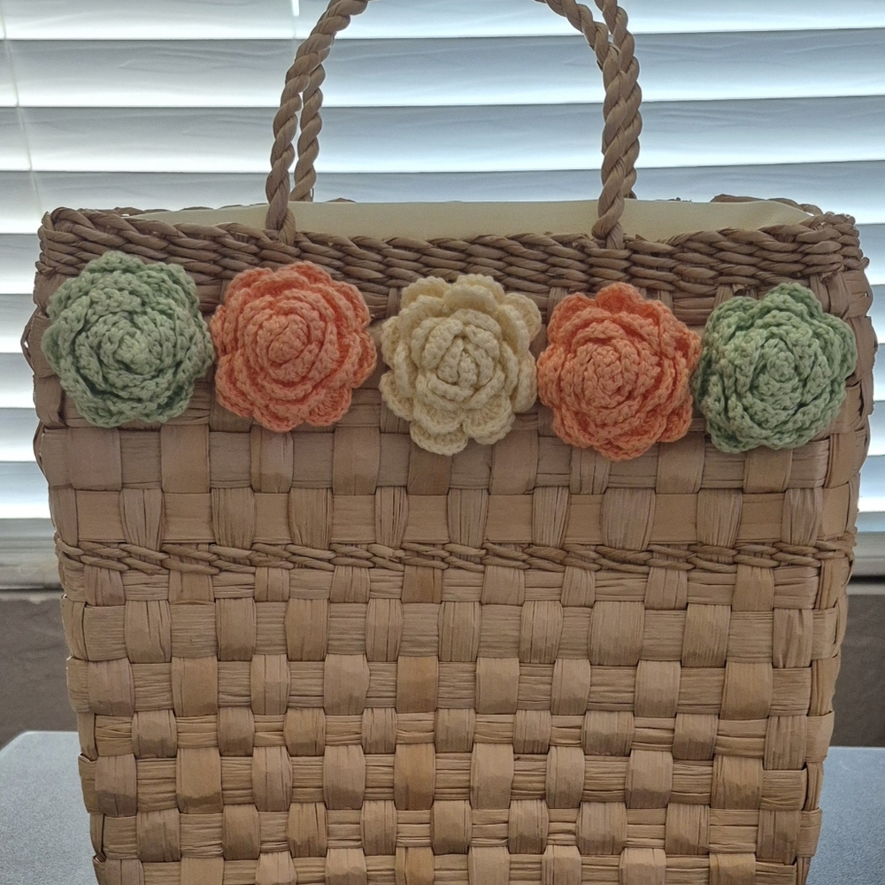 Boho Chic Straw Tote With Handmade Crochet Rose Accents- New Without Tags